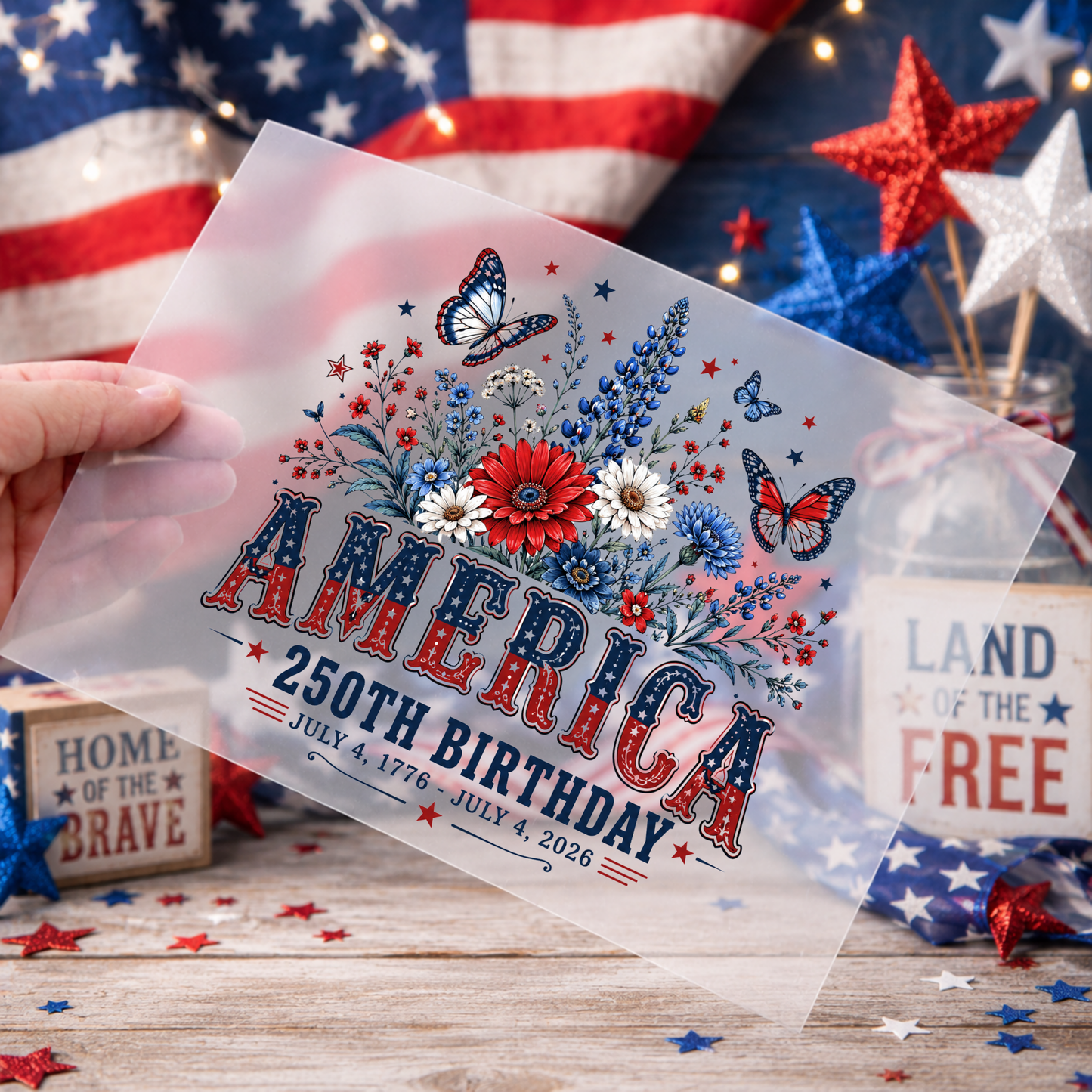 Patriotic DTF Print - America- Flowers & Butterflies