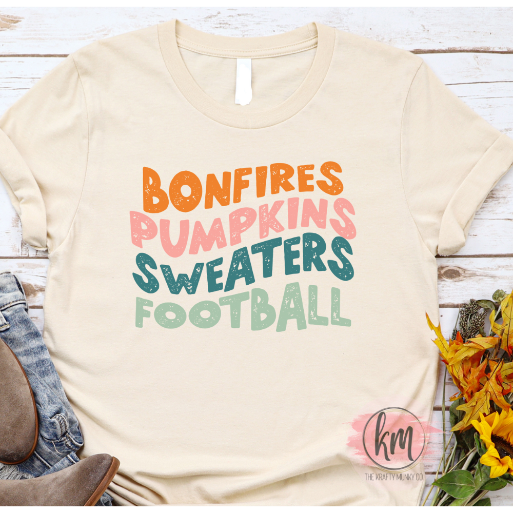 Fall tshirt, Bonfires, sweater weather, pumpkins, football tshirt