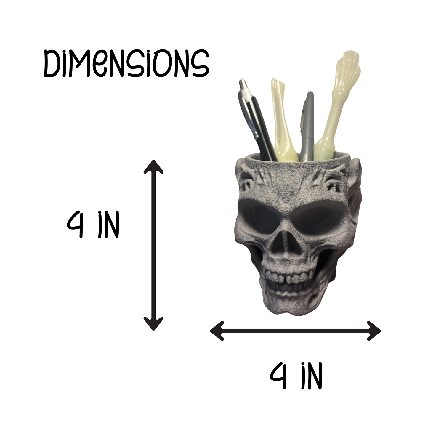 Skull Pen Holder for Desk, 3D Printed, Gray