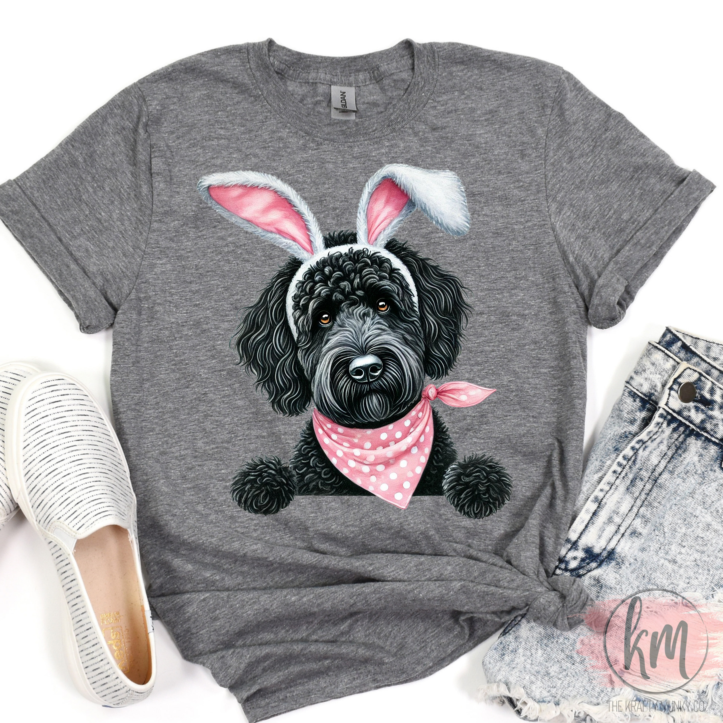 Easter Black Doodle Dog Bunny Tshirt