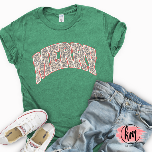 MERRY Leopard Print Christmas T-Shirt, Trendy Holiday Graphic Tee, Unisex Crewneck