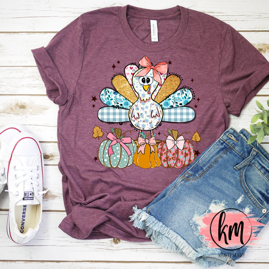 Fall DTF Print, Cute Girl Turkey with Pumpkins