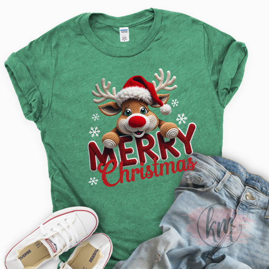 Reindeer Merry Christmas 3d Faux Yarn Design Tshirt