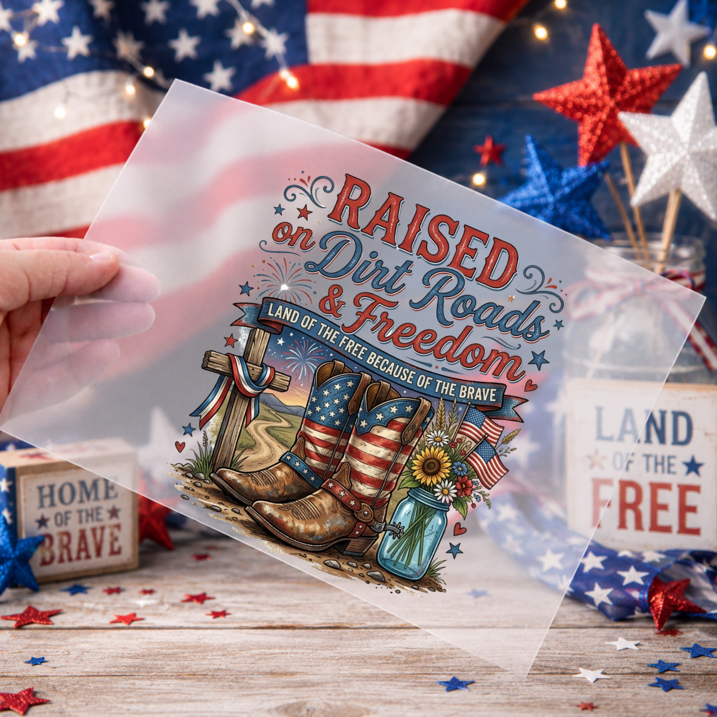 Patriotic DTF Print - Raised on Dirt Roads and Freedom