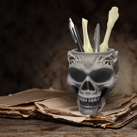 Skull Pen Holder for Desk, 3D Printed, Gray