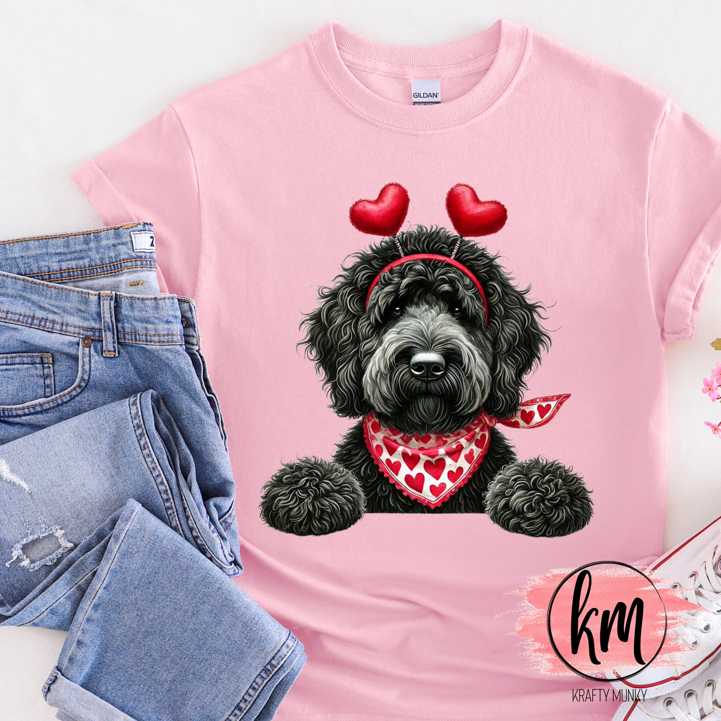 Valentine's Day Black Doodle heart bandana Tshirt