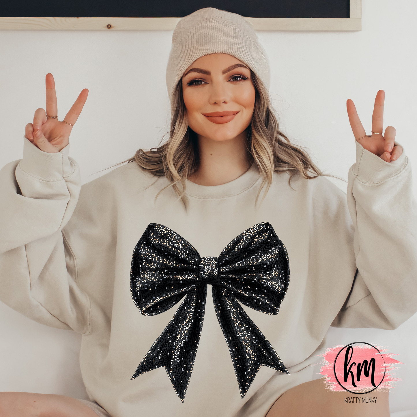 Cute Black Faux Glitter Bow Sweatshirt